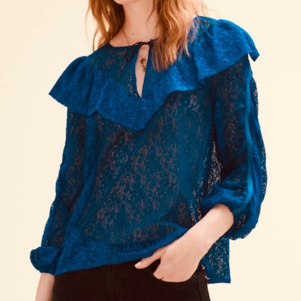 MAJE Lipse Floral Lace Ruffled Blouse Blue Size 1